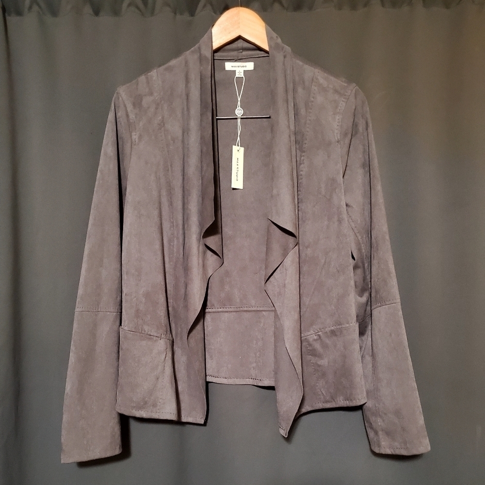 Max Studio Women's Faux Suede Dark Gray Drape Open Front Jacket Size Large NWT
